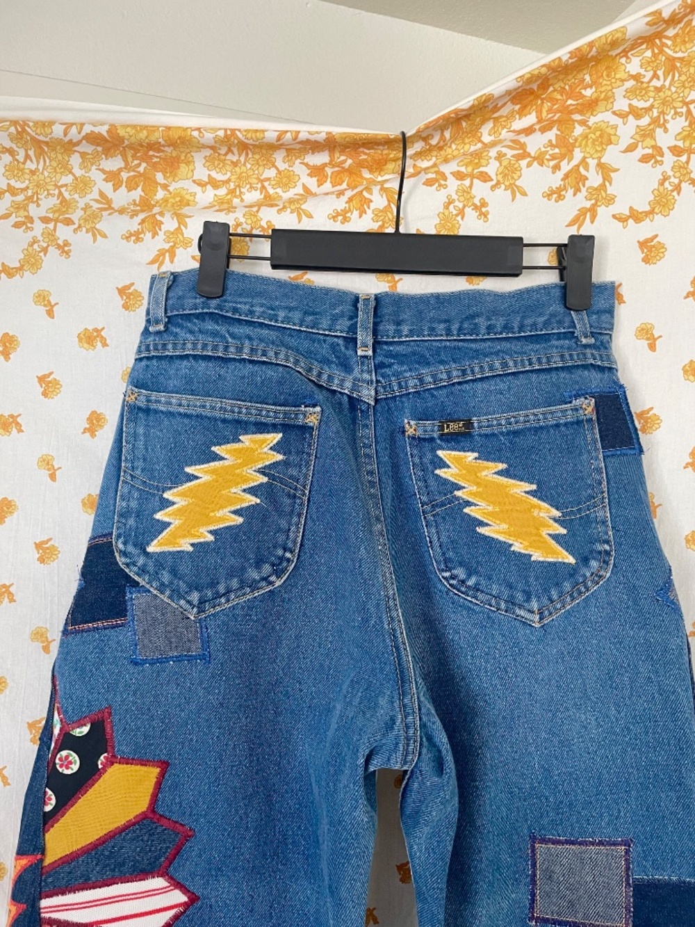 Vintage Lee Upcycled Patchwork Jeans 12P OOAK 70s Hippie Wide Leg - Picture 6 of 12